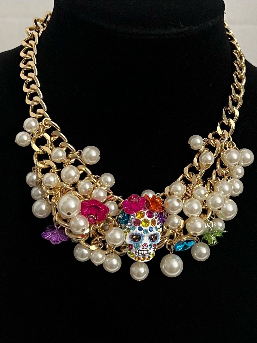 Betsey Johnson Gold Chain Pearl Necklace with Multicolor Crystal Sugar Skull